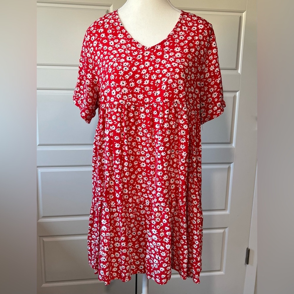 Chances R Floral Print Mini Dress V Neck Short Sleeve Casual Red Dress Large‎